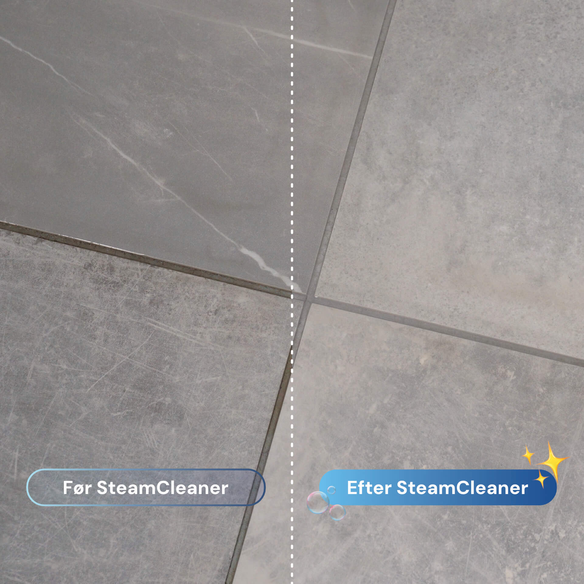 Før og efter rengøring af fliser med damprenser – tydelig forskel på snavs og rene fuger