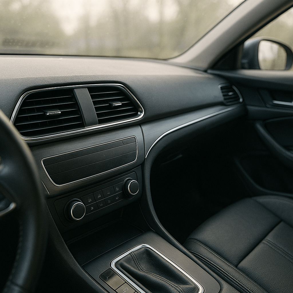 Nærbillede af bilens interiør med lædersæder og ventilationsdyser, hvor en damprenser kan rense i dybden og fjerne støvpartikler.