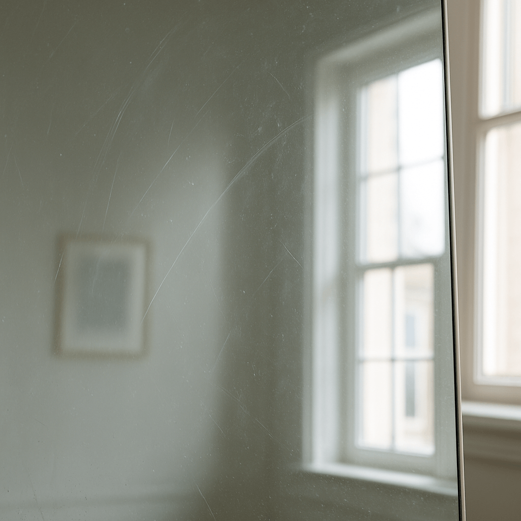 Nærbillede af spejl med striber og støv, perfekt eksempel på hvor effektiv en damprenser kan være til at fjerne skjolder og snavs.